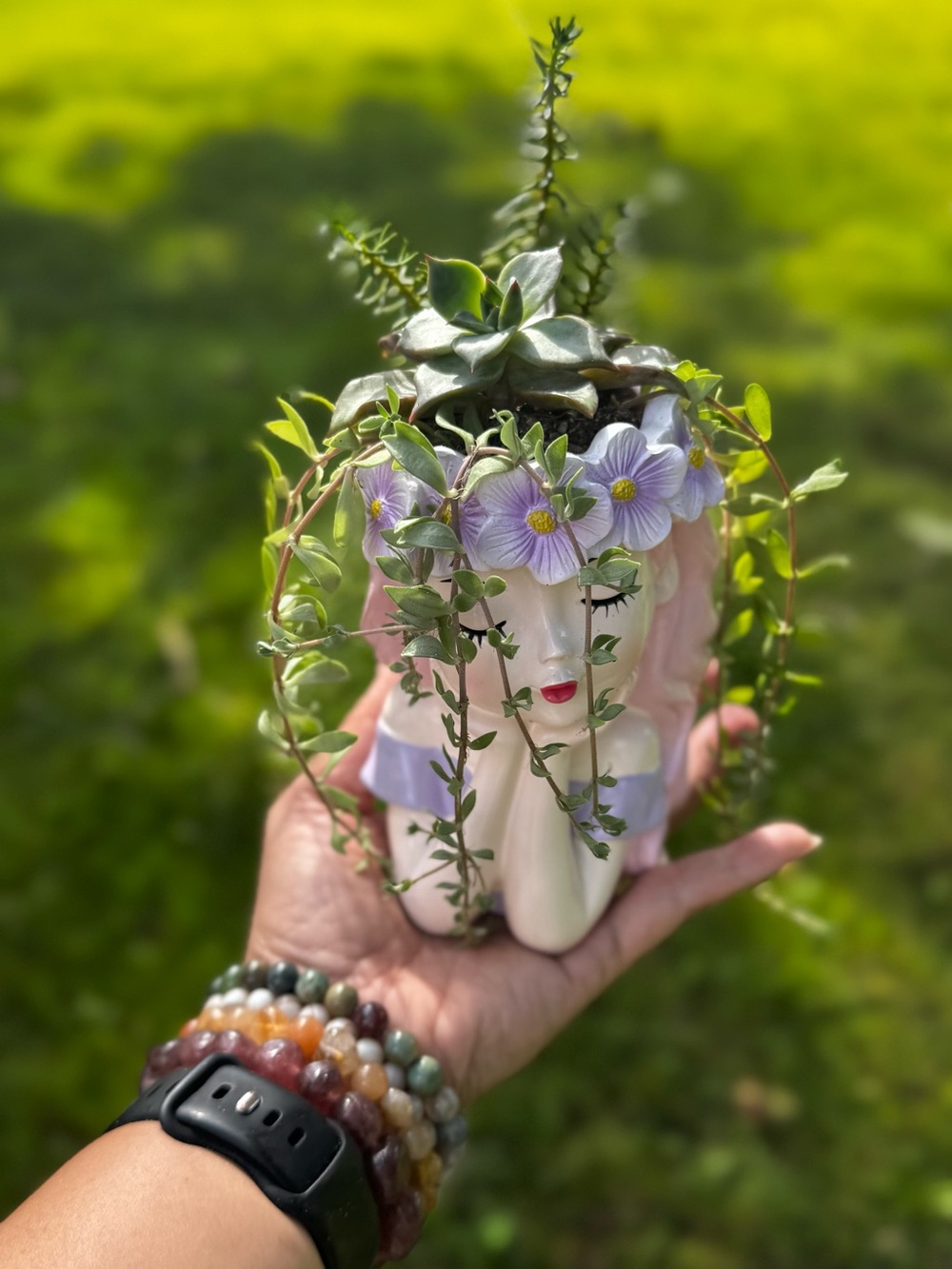 Pink Ceramic Floral Head Planter with Succulent